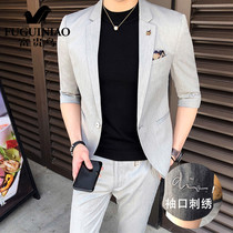 Rich bird casual short-sleeved suit mens Korean version of the trend slim mens half-sleeve suit British style seven-point sleeve dress