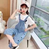 Korean girls summer 2021 new short sleeve white cotton T-shirt denim backpack pants children Foreign style two-piece tide