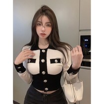 Design sense niche temperament knitted cardigan jacket womens autumn short sweater with lapel black long sleeve top