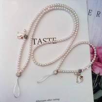 Personalized creative white pearl mobile phone hanging neck lanyard rhinestone long chain wrist rope pendant anti-fall work card universal