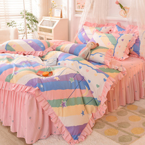 ins cute multi bed skirt four-piece set Korean version of all cotton girl heart princess style bed linen quilt cover bedding 3 sets