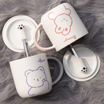  Mug with lid spoon ceramic cup Cute girl couple a pair of household student milk breakfast coffee cup