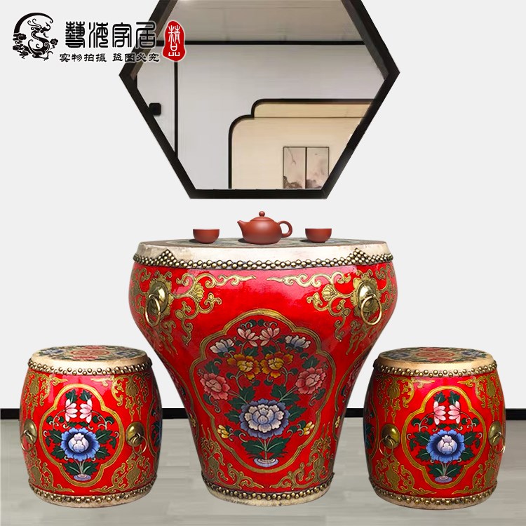 Chinese painted flower pot drum tea table drum table made old solid wood cowhide hand-painted drum round drum table tea combination environmental protection