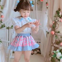 Girls summer suit 2021 new childrens summer rabbit ears short-sleeved female baby net red foreign style tutu tide