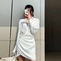 Design dress female 2021 autumn French temperament cream white long-sleeved irregular shirt skirt(15 days