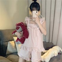Plaid pajamas set womens summer new can wear ins sweet home clothes suspenders top shorts two-piece set