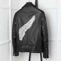 Autumn leather leather jacket mens wing embroidery motorcycle leather jacket head layer sheepskin lapel short slim slim coat tide
