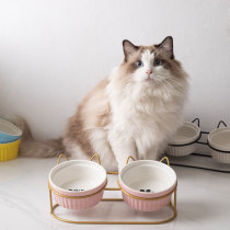 Cat bowls ceramic kitty cat food double bowl young cat with high footed pot pooch dog bowl pet drinking water grain bowl protect the cervical spine