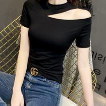 Off-the-shoulder short-sleeved t-shirt womens summer Western style one-shoulder top bottoming shirt black tight-fitting heart net red oblique shoulder t-shirt