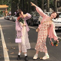  Summer 2021 new womens suit lace long-sleeved cardigan jacket floral suspender long dress two-piece set