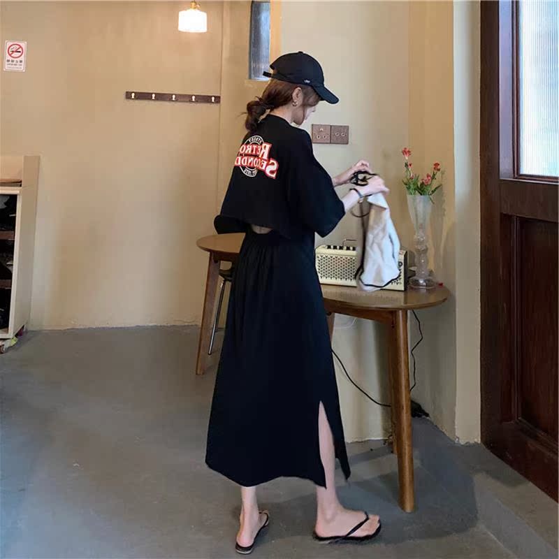 Hepburn style little black dress French first love Sweet girly black split t-shirt dress Childrens summer dress