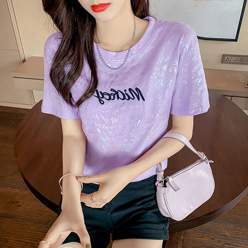 2021 summer new European goods purple thin section pure cotton short-sleeved T-shirt womens half-sleeve design sense niche chic top