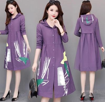 Mid-long autumn foreign style top new waist slim knee trench coat 19 casual hooded print lady outside