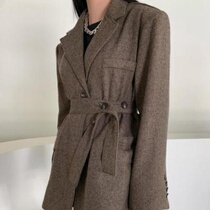Korea chic autumn and winter temperament lapel one button lace waist straight tube long herringbone blazer