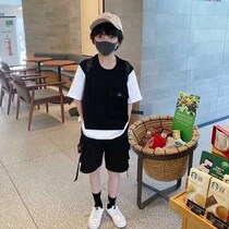 South Korean boy clothes boy suit 2022 summer clothes new CUHK children fake two short sleeves T-shirt tooling shorts