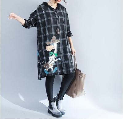 Plus size womens fat mm autumn hooded shirt womens long sleeve 200kg loose medium long cotton linen shirt outside