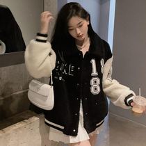 Korean fashion Lamb hair coat women autumn and winter lettering temperament jacket loose thin age baseball uniform
