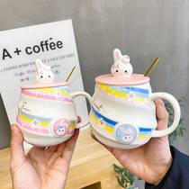 Creative threaded big belly mug for men and women cartoon cute rabbit ceramic water cup with spoon with lid Student couple cup