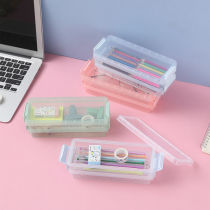 @ Double layer transparent stationery storage box student multi-function desktop finishing box cosmetic box pencil box pencil box stationery box