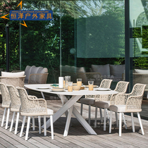 Nordic outdoor table and table rattan Courtyard High-end Rock Board Long Table Villa Hotel Terrace Outdoor stainless steel dining table and chairs