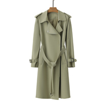 Green weaters women 2023 Fall new double-row buckle long with lap waist commuter green female windsuit jacket