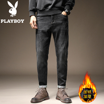 Playboy jeans mens autumn and winter loose straight plus velvet padded casual pants winter trend long pants