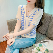 Real Shot 2023 Summer New Collision Color Striped Shawl Ice Silk Knit Sweatshirt Woman Bubble Cuff College Wind Cardiovert Blouse