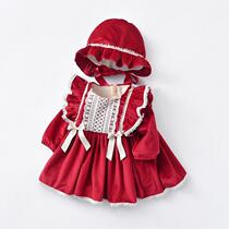 Foreign style baby girl winter full moon dress set baby princess one hundred days dress plus velvet out skirt