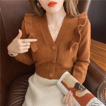 Tide brand in autumn 2021 very good-looking wooden ear Edge sweater V-neck solid color short single-breasted cardigan sweater