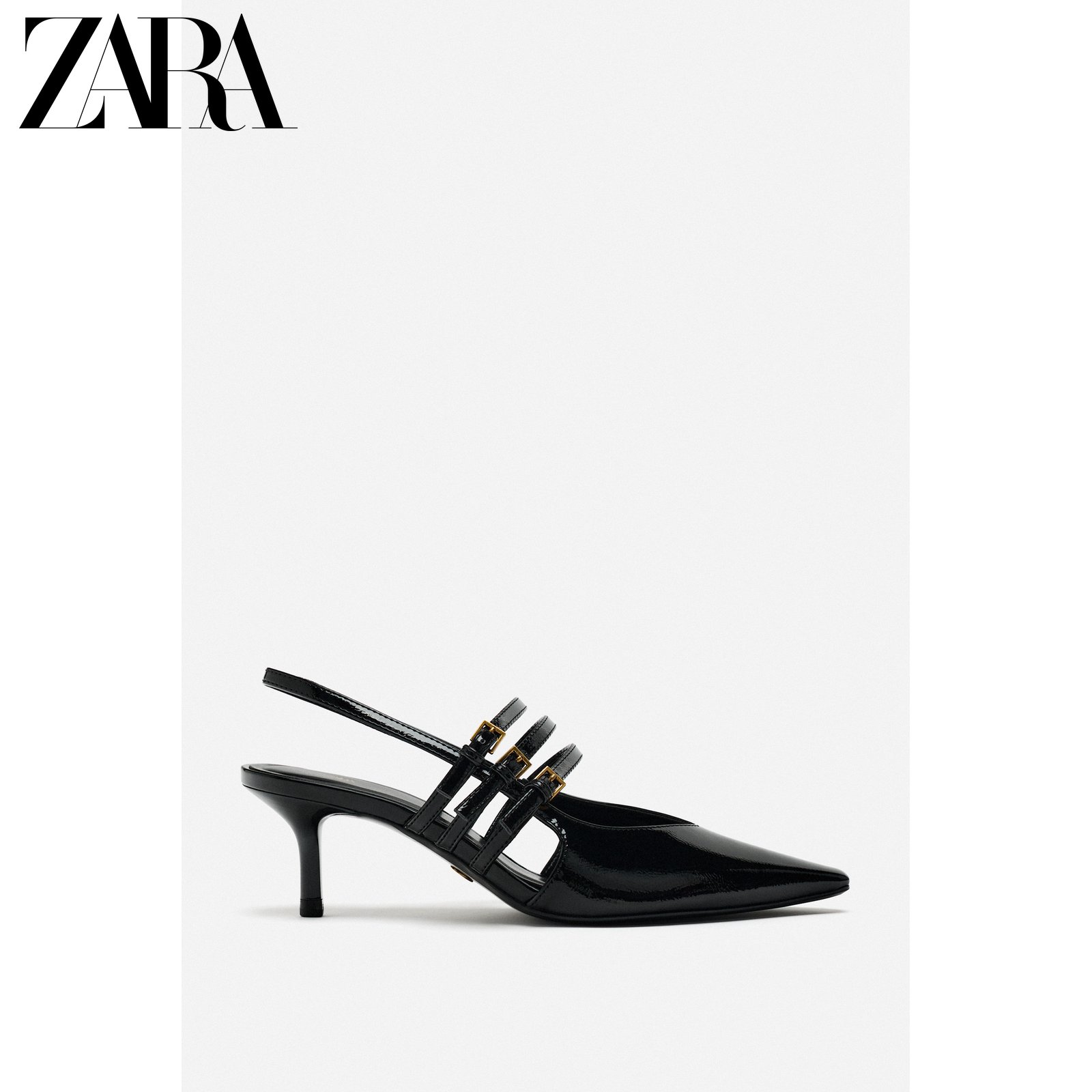 ZARA 春の新作婦人靴 ブラック バックル装飾スリングバック キャットヒール ミュール 1202310 800