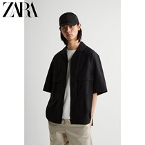 ZARA early autumn mens loose Japanese tooling style Cuban collar mid-sleeve black shirt 00387302800