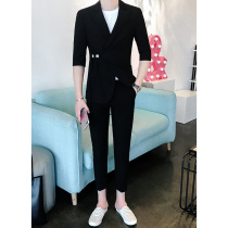 Summer mid-sleeve suit mens suit Korean version of handsome net red three-point sleeve slim-fit suit nine-point pants two-piece suit
