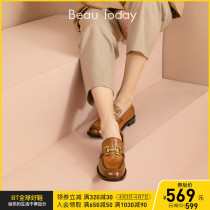 BeauToday single shoe woman flat bottom new genuine leather Inn wind small leather shoes square head comeback Gurlefoe shoe womens style