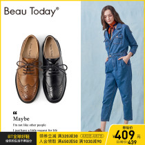 BeauToday Black Inn Wind Small leather shoes Shoes Flat Bottom Oxford Shoes Retro single shoe Career lacing ins Chains