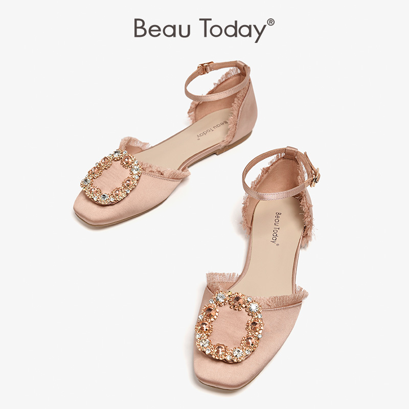 Beau Today 2019 New Satin Square Head Fairy Wind Summer Shallow Drill Flat-soled Sandals Fashion Women's Shoes