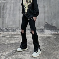 Non-tides near High Street Broken Cave Jeans Mens Black Row Button Design Sensation Fork Straight Drum Hip Hop American Long Pants