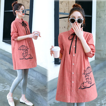 New Korean cotton embroidered striped pregnant shirt long dress long sleeve top loose pregnant women autumn dress