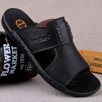 Summer genuine leather slippers men outwear soft-bottom middle-aged mens beach sandals Dad cool drag headlayer bull leather lined up