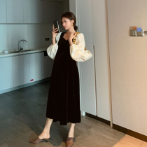 Pregnant womens clothing Spring and Autumn New Korean fashion foreign atmosphere age does not show velvet stitching long sleeve pregnant womens dress tide