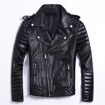 Heavy industry new products top layer sheep leather leather clothing men slim short youth locomotive leather jacket plus cotton warm diamond grid
