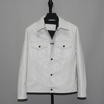White first layer cowhide leather leather clothing mens slim short lapel denim casual mens jacket multi-pocket
