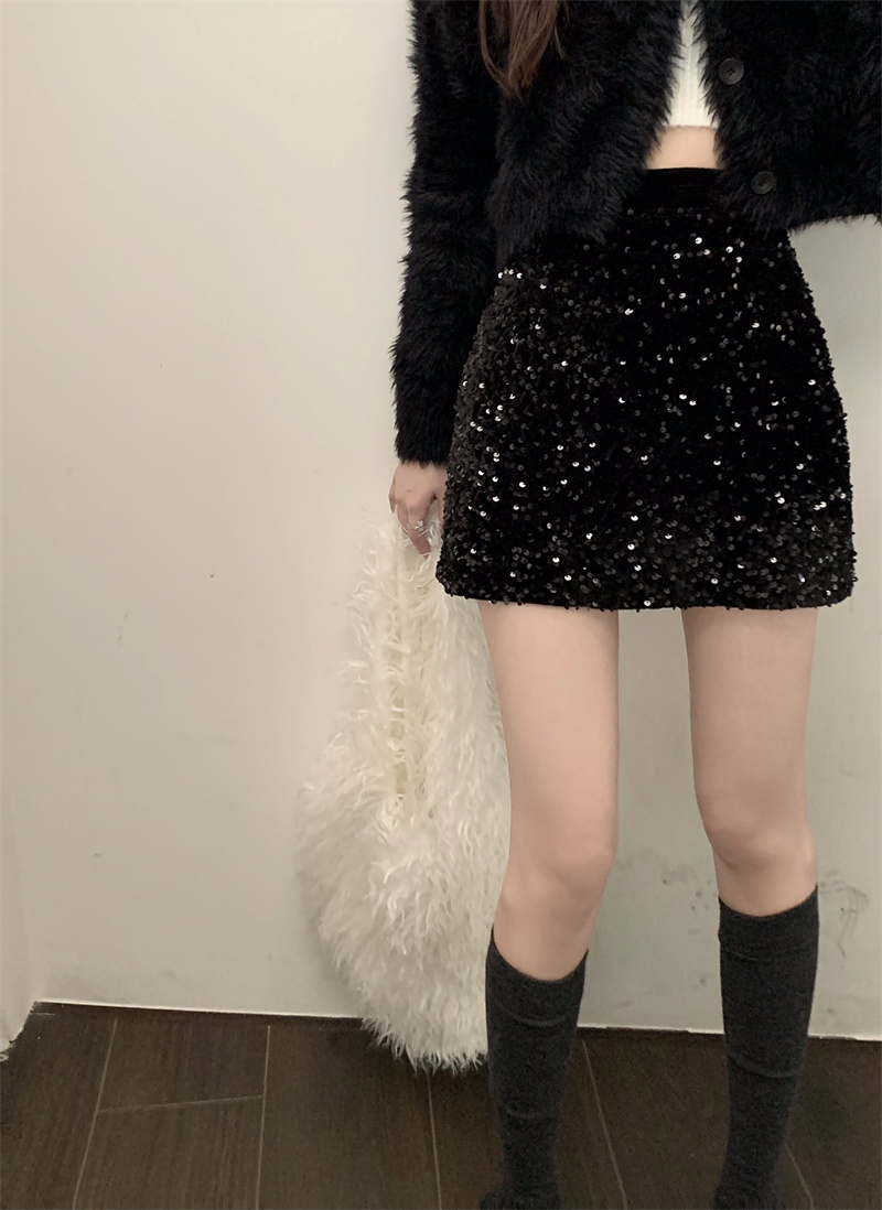 大きいサイズのハイエンドスパンコールスカート女性の秋冬韓国語版新しい純粋な欲望スタイルハイウエストスリムAラインヒップショートスカート