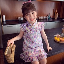 Girls cheongsam summer dress new childrens retro Chinese style costume dress floral chiffon dress dress