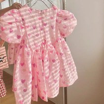 Girls 2021 summer new baby girl dress pink love bubble sleeve skirt cute princess puffy dress