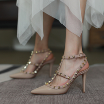 2022 Spring Summer New Rivet Pointed High Heel Shoes Two Belts Ultra High Heel Shoe Fine Heel Strap Genuine Leather Sandals Women Shoes