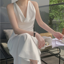Sandro Veneta Hepburn High-end light luxury European sleeveless halter neck long dress dress off-the-shoulder skirt summer