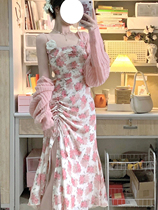 Retro pure desire gentle wind suit woman collection waist display slim and slim flower temperament harness with dress long sleeve knitted shawl