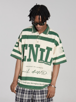ENIL DETTOD STEEPC 21SS Vintage green Stripe vibe Loose Casual lapel short sleeve T-shirt polo