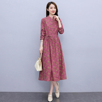 Four seasons green womens new Hangzhou 2021 autumn waist thin cotton and linen dress mid-length floral skirt