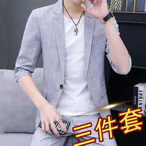 Summer mens suit suit Casual mens wear with a set of ruffian handsome small suit trend jacket thin clothes